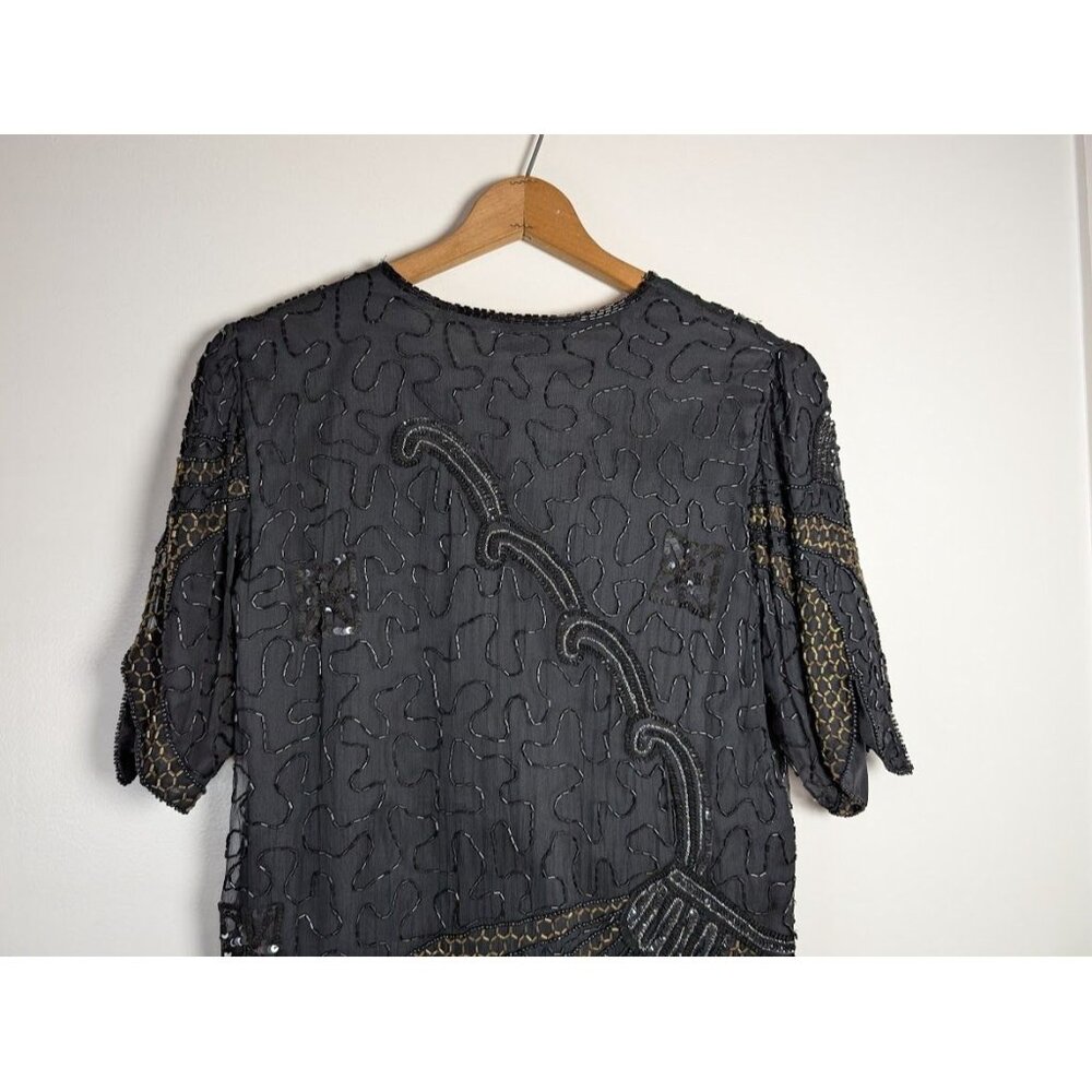 Vintage Laurence Kazar Blouse Large Sequin Beaded Silk Witchy Party Evening NEW - Picture 10 of 11